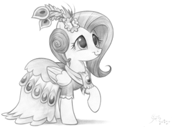 Size: 3338x2458 | Tagged: safe, artist:fladdrarblyg, pegasus, pony, make new friends but keep discord, clothes, dress, female, folded wings, gala dress, grayscale, high res, looking up, mare, monochrome, pencil drawing, raised hoof, simple background, solo, traditional art, white background, wings