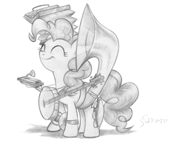 Size: 2981x2475 | Tagged: safe, artist:fladdrarblyg, pinkie pie, earth pony, pony, g4, swarm of the century, accordion, banjo, cymbals, eyes closed, female, harmonica, high res, mare, monochrome, musical instrument, one man band, pencil drawing, proud, scene interpretation, simple background, smiling, solo, sousaphone, tambourine, traditional art, white background