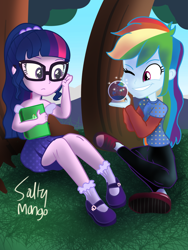 Size: 1536x2048 | Tagged: safe, artist:saltymango, rainbow dash, sci-twi, twilight sparkle, equestria girls, g4, alternate clothes, alternate hairstyle, book, clothes, confused, converse, cute, dashabetes, digital art, glasses, grass, leggings, mary janes, mountain, one eye closed, shoes, skirt, smiling, snow globe