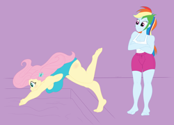Size: 2142x1542 | Tagged: safe, artist:necrofeline, fluttershy, rainbow dash, human, equestria girls, g4, barefoot, board shorts, breasts, busty fluttershy, butt blush, clothes, commission, crossed arms, diving, duo, duo female, feet, female, hairclip, happy, lavender background, one-piece swimsuit, shorts, simple background, sketched background, smiling, standing, swimming pool, swimsuit, tank top, weight gain sequence