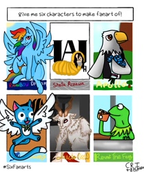 Size: 1005x1200 | Tagged: safe, artist:animeisverycool, rainbow dash, goat, pegasus, pony, anthro, g4, animal crossing, anthro with ponies, bouquet, but that's none of my business, clothes, crossover, cup, drinking, fairy tail, flower, kermit the frog, lucio, male, my hero academia, overwatch, paw pads, paws, raised hoof, shota aizawa, six fanarts, smiling, underpaw, wings