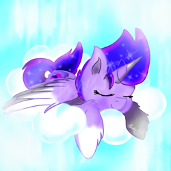 Size: 450x450 | Tagged: artist needed, safe, oc, oc only, alicorn, pony, alicorn oc, cloud, coat markings, eyes closed, horn, on a cloud, sleeping, socks (coat markings), solo, two toned wings, wings