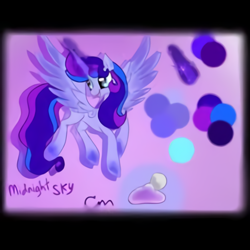 Size: 450x450 | Tagged: artist needed, safe, oc, oc only, oc:midnight sky, alicorn, pony, alicorn oc, glowing horn, horn, reference sheet, wings