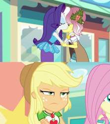 Size: 600x676 | Tagged: safe, edit, screencap, applejack, fluttershy, rarity, vignette valencia, equestria girls, equestria girls specials, g4, my little pony equestria girls: better together, my little pony equestria girls: rollercoaster of friendship, angry, comparison, envy, geode of empathy, geode of fauna, geode of shielding, geode of sugar bombs, geode of super speed, geode of super strength, geode of telekinesis, implied lesbian, implied rarijack, implied shipping, jealous, magical geodes