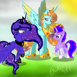 Size: 450x450 | Tagged: artist needed, safe, princess luna, oc, alicorn, pony, g4, alicorn oc, ethereal mane, female, hoof shoes, horn, jewelry, mare, open mouth, raised hoof, starry mane, tiara, wings