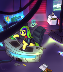 Size: 3288x3764 | Tagged: safe, artist:sondy, princess celestia, oc, oc:bit assembly, princess molestia, g4, bed, bedroom, blinds, cable, chair, circuit board, clock, clothes, cyberpunk, desktop, drawing tablet, exclamation point, female, figurine, filly, futuristic, globe, gun, hacking, high res, hologram, jacket, monitor, monster hunter world, multicolored mane, overhead light, overhead view, poster, power cell, purple eyes, screwdriver, text, weapon, wrench
