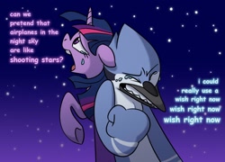 Size: 2000x1440 | Tagged: safe, artist:amazingbutterfingers, artist:butterfingersart, twilight sparkle, bird, blue jay, pony, unicorn, g4, aeroplanes and meteor showers, airplanes (song), b.o.b., crossover, crossover shipping, crying, dialogue, female, hayley williams, how is this a thing?, lyrics, male, mare, mordecai, mordetwi, night, redraw mordetwi meme, regular show, sad, shipping, song reference, stars, straight, teary eyes, text, unicorn twilight