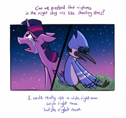 Size: 3112x2940 | Tagged: safe, artist:deadlycomics, twilight sparkle, bird, blue jay, pony, unicorn, g4, aeroplanes and meteor showers, airplanes (song), b.o.b., crossover, crossover shipping, crying, dialogue, female, hayley williams, high res, lyrics, male, mare, mordecai, mordetwi, night, redraw mordetwi meme, regular show, sad, shipping, song reference, stars, straight, teary eyes, text, unicorn twilight