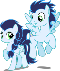 Size: 2350x2764 | Tagged: safe, artist:chainchomp2 edits, artist:whalepornoz, edit, editor:slayerbvc, vector edit, soarin', pegasus, pony, g4, cute, duo, female, flying, glide, grin, high res, looking down, looking up, male, mare, r63 paradox, raised hoof, rule 63, self ponidox, simple background, smiling, soarinbetes, stallion, transparent background, vector