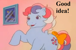 Size: 900x600 | Tagged: safe, edit, edited screencap, editor:korora, screencap, sweet stuff, g1, my little pony 'n friends, sweet stuff and the treasure hunt, bow, cropped, cute, paradise estate, picture, reaction image, speech, sweet sweet stuff, tail bow, talking