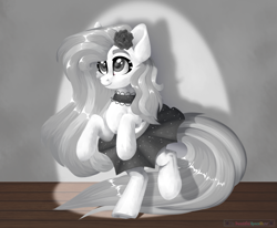 Size: 2035x1679 | Tagged: safe, artist:beautifulspaceshow, oc, oc only, oc:black rose (ice1517), earth pony, pony, bipedal, choker, clothes, dancing, female, flower, flower in hair, mare, raised hoof, raised leg, rose, skirt, solo, spotlight, stage, tutu