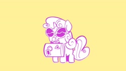 Size: 3410x1918 | Tagged: safe, artist:kyssimmee, sweetie belle, pony, unicorn, g4, female, giddy up, orange background, simple background, solo, suitcase, sunglasses