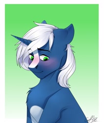 Size: 1833x2160 | Tagged: source needed, useless source url, safe, artist:coffeez, oc, oc only, oc:passi deeper, pony, unicorn, blaze (coat marking), blushing, chest fluff, coat markings, eyebrows, eyebrows visible through hair, facial markings, floppy ears, gradient background, horn, male, portrait, shy, signature, smiling, solo, stallion, unicorn oc