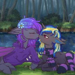 Size: 1000x1000 | Tagged: safe, artist:lunarlacepony, oc, oc only, oc:grey, oc:rapid shadow, bat pony, pony, unicorn, blushing, clothes, couple, cute, ear fluff, eyes closed, femboy, floppy ears, flower, flower in hair, forest, freckles, gay, glasses, hoodie, kissing, male, nature, rapid x grey, river, romantic, scarf, shipping, socks, striped socks, wings