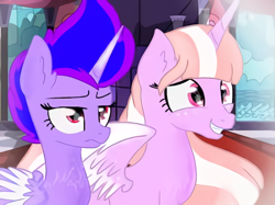 Size: 518x388 | Tagged: artist needed, safe, oc, oc only, alicorn, pony, alicorn oc, base used, bust, duo, freckles, grin, horn, smiling, unamused, wings