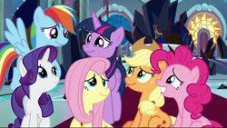 Size: 1206x678 | Tagged: safe, screencap, applejack, fluttershy, king sombra, pinkie pie, rainbow dash, rarity, twilight sparkle, alicorn, earth pony, pegasus, pony, unicorn, g4, the beginning of the end, applejack's hat, cowboy hat, crying, cute, female, flying, gritted teeth, happy, hat, looking at each other, mane six, sitting, tears of joy, teeth, throne room, twilight sparkle (alicorn)