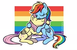 Size: 2048x1338 | Tagged: safe, artist:aanotherpony, fluttershy, rainbow dash, pegasus, pony, g4, eyes closed, female, gay pride flag, hug, lesbian, mare, nuzzling, pride, pride flag, ship:flutterdash, shipping, signature, simple background, white background