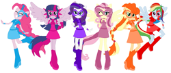 Size: 1435x621 | Tagged: safe, artist:selenaede, artist:sunset-sunrize, applejack, fluttershy, pinkie pie, rainbow dash, rarity, twilight sparkle, alicorn, human, equestria girls, g4, base used, boots, clothes, cowboy hat, domino mask, element of generosity, element of honesty, element of kindness, element of laughter, element of loyalty, element of magic, elements of harmony, hat, high heel boots, high heels, humane five, humane six, mask, pegasus wings, ponied up, shoes, super ponied up, superhero, twilight sparkle (alicorn), wings
