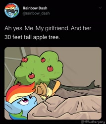 Size: 1751x2048 | Tagged: safe, artist:aanotherpony, applejack, bloomberg, rainbow dash, earth pony, pegasus, pony, g4, ah yes me my girlfriend and her x, bed, female, lesbian, ship:appledash, shipping, tree