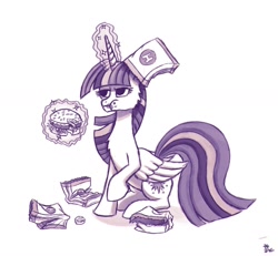 Size: 1280x1184 | Tagged: safe, artist:sensko, twilight sparkle, alicorn, pony, g4, burger, female, food, hay burger, majestic as fuck, mare, monochrome, solo, twilight burgkle, twilight sparkle (alicorn), wrapping paper