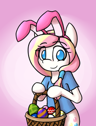 Size: 3055x4000 | Tagged: safe, artist:spheedc, oc, oc only, oc:bubble burst, pony, basket, bunny ears, clothes, commission, egg, looking at you, shirt, solo, your character here