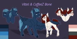 Size: 2560x1312 | Tagged: source needed, useless source url, safe, artist:coffeez, oc, oc:coffeez, oc:vittel bone, earth pony, pegasus, pony, hug, looking at each other, looking at you, oc x oc, reference sheet, shipping, vitteez, wings