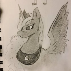 Size: 1080x1080 | Tagged: safe, alternate version, artist:tejsfuzzyprints, princess luna, alicorn, pony, g4, bust, female, grayscale, jewelry, mare, monochrome, peytral, tiara, traditional art