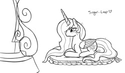 Size: 1024x601 | Tagged: safe, artist:sugar-loop, princess celestia, alicorn, pony, g4, atg 2020, black and white, crying, depressedia, female, folded wings, grayscale, implied sunset shimmer, magic mirror, mare, monochrome, newbie artist training grounds, prone, sad, signature, solo, wings