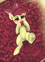 Size: 3250x4500 | Tagged: safe, artist:darksly, apple bloom, earth pony, pony, g4, adorabloom, american beauty, apple, blushing, bow, cute, ear fluff, female, filly, food, frog (hoof), hair bow, high res, hoof hold, leg fluff, looking at you, on back, solo, underhoof