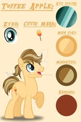 Size: 1280x1919 | Tagged: safe, artist:purplepotato04, oc, oc only, oc:toffee apple, earth pony, pony, earth pony oc, freckles, male, offspring, open mouth, parent:applejack, parent:caramel, parents:carajack, ponytail, reference sheet, simple background, smiling, solo, stallion, updated