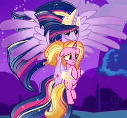 Size: 930x860 | Tagged: safe, artist:grace forsyth night, luster dawn, twilight sparkle, alicorn, pony, unicorn, g4, the last problem, duo, female, flying, frown, holding a pony, mare, older, older twilight, older twilight sparkle (alicorn), princess twilight 2.0, spread wings, twilight sparkle (alicorn), wings