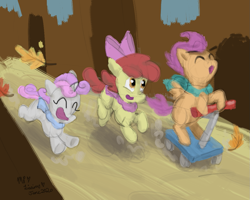 Size: 1125x902 | Tagged: safe, artist:kirbyliscious, apple bloom, scootaloo, sweetie belle, earth pony, pegasus, pony, unicorn, g4, atg 2020, autumn, clothes, cutie mark crusaders, female, filly, forest, leaves, newbie artist training grounds, running, scarf, scooter, signature, trio
