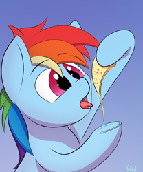 Size: 1500x1800 | Tagged: safe, artist:ponyxwright, rainbow dash, pegasus, pony, g4, atg 2020, female, food, gradient background, newbie artist training grounds, pizza, solo, that pony sure does love pizza