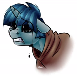 Size: 1884x1909 | Tagged: safe, artist:lrusu, stygian, pony, unicorn, g4, black tears, bust, clothes, crying, implied pony of shadows, male, robe, signature, simple background, solo, stallion, teary eyes, white background