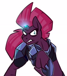 Size: 1684x1906 | Tagged: safe, artist:lrusu, tempest shadow, pony, unicorn, g4, armor, broken horn, female, glowing horn, gritted teeth, horn, mare, scowl, simple background, solo, white background