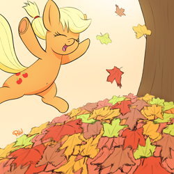 Size: 1800x1800 | Tagged: safe, artist:ponyxwright, applejack, earth pony, pony, g4, atg 2020, autumn, belly button, cute, eyes closed, female, jackabetes, jumping, leaves, mare, newbie artist training grounds, smiling, solo, underhoof