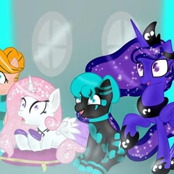 Size: 320x320 | Tagged: artist needed, source needed, useless source url, safe, princess celestia, princess luna, oc, alicorn, earth pony, pony, g4, :o, earth pony oc, ethereal mane, female, hoof shoes, jewelry, mare, open mouth, peytral, pink-mane celestia, raised hoof, sitting, smilinf, smiling, starry mane, surprised, tiara, wide eyes