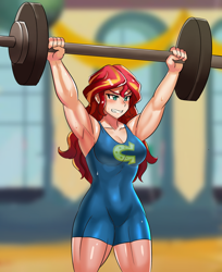 Size: 800x982 | Tagged: safe, artist:tzc, sunset shimmer, equestria girls, g4, anime, armpits, barbell, bodybuilder, bodysuit, breasts, busty sunset shimmer, clothes, commission, female, gritted teeth, human coloration, muscles, muscular female, sunset lifter, sweat, thighs, thunder thighs, unitard, weight lifting, weights, wondercolts