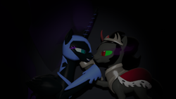 Size: 3265x1836 | Tagged: safe, artist:longsword97, king sombra, nightmare moon, alicorn, pony, unicorn, g4, 3d, female, looking at each other, looking at someone, male, mare, shipping, sombramoon, straight
