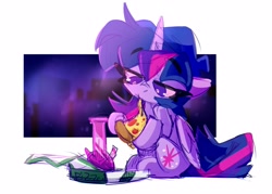 Size: 2837x2029 | Tagged: safe, artist:nekosnicker, twilight sparkle, alicorn, pony, g4, bong, cheese pizza, drug use, eating, female, food, high res, highlight sparkle, meat, pepperoni, pepperoni pizza, pizza, sitting, solo, stoner twilight, twilight sparkle (alicorn)