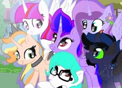 Size: 750x541 | Tagged: safe, oc, oc only, alicorn, pony, alicorn oc, base used, curved horn, female, flower, flower in hair, glasses, group, horn, male, mare, smiling, stallion, wings