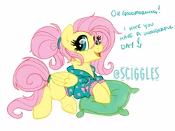 Size: 4000x3000 | Tagged: safe, artist:sciggles, fluttershy, pegasus, pony, g4, alternate hairstyle, clothes, cute, dialogue, eye shimmer, female, frog (hoof), good morning, heart, hoodie, hoof heart, looking at you, mare, open mouth, pillow, ponytail, shyabetes, simple background, smiling, smiling at you, solo, sweater, underhoof, white background