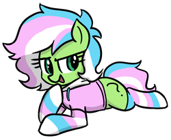 Size: 746x613 | Tagged: safe, artist:plunger, oc, oc only, oc:filly anon, earth pony, pony, clothes, female, filly, hoodie, pride, pride flag, prone, simple background, smiling, smirk, smug, socks, solo, transgender, transgender pride flag, white background