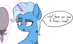 Size: 2050x1228 | Tagged: safe, artist:pinkberry, trixie, pony, unicorn, g4, alternate hairstyle, colored, colored pupils, colored sketch, drawpile, female, lidded eyes, magic, mare, mirror, no pupils, short hair, short mane, simple background, simple shading, sketch, solo, text, white background