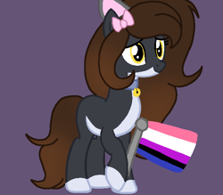 Size: 660x579 | Tagged: safe, artist:circuspaparazzi5678, oc, oc only, oc:katherine, cat, cat pony, earth pony, original species, pony, base used, bell, bell collar, bow, cat bell, cat ears, collar, genderfluid, genderfluid pride flag, pride, pride flag, pride month, smiling, solo