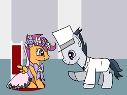 Size: 1600x1191 | Tagged: safe, artist:platinumdrop, rumble, scootaloo, a canterlot wedding, g4, clothes, colt, cute, cutealoo, female, flower filly, flower girl, flower girl dress, foal, hat, male, marriage, ship:rumbloo, shipping, straight, top hat, tuxedo, wedding