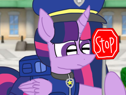 Size: 1440x1080 | Tagged: safe, artist:徐詩珮, twilight sparkle, alicorn, pony, series:sprglitemplight diary, series:sprglitemplight life jacket days, series:springshadowdrops diary, series:springshadowdrops life jacket days, g4, alternate universe, chase (paw patrol), clothes, female, mare, paw patrol, solo, stop, twilight sparkle (alicorn), twilight sparkle is not amused, unamused