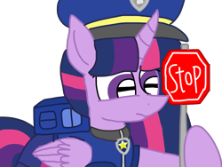 Size: 1440x1080 | Tagged: safe, artist:徐詩珮, twilight sparkle, alicorn, pony, series:sprglitemplight diary, series:sprglitemplight life jacket days, series:springshadowdrops diary, series:springshadowdrops life jacket days, g4, alternate universe, chase (paw patrol), clothes, female, mare, paw patrol, simple background, solo, stop, transparent background, twilight sparkle (alicorn), twilight sparkle is not amused, unamused