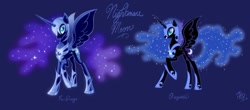 Size: 1024x449 | Tagged: safe, artist:ellybethe, nightmare moon, alicorn, pony, journey of the spark, g4, 2012, armor, comparison, ethereal mane, ethereal tail, female, helmet, hoof shoes, horn, mare, raised hoof, redesign, signature, simple background, slit pupils, starry mane, text, wings