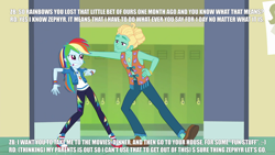 Size: 1920x1080 | Tagged: safe, edit, edited screencap, screencap, rainbow dash, zephyr breeze, equestria girls, equestria girls series, g4, overpowered (equestria girls), ankles, armband, beard, bedroom eyes, canterlot high, caption, clothes, converse, cutie mark, cutie mark on clothes, dialogue, door, eyebrows, eyelashes, facial hair, female, geode of super speed, gritted teeth, high school, impact font, indoors, jacket, jewelry, leaning back, leggings, lockers, magical geodes, male, man bun, meme, necklace, pants, poster, question, question mark, school, shirt, shoes, sneakers, sweatband, symbol, t-shirt, talking, teeth, text, text edit, vest, wall of tags